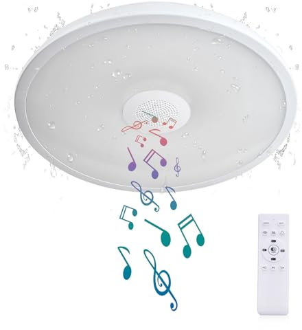 AIHONKON wasserdichte LED Deckenleuchte, mit Bluetooth Lautsprecher,28 Zentimeter,18 Watt,2700K-6500K dimmbare Musiklampe, RGB Farbwechsel Licht mit Fernbedienung, für Badezimmer,Schlafzimmer