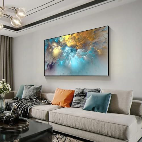 Hellblau-goldene geometrische Wolken, modernes abstraktes Gemälde, Leinwanddruck, Kunst, Wanddekoration, Heimdekoration, Bilder, 50 x 100 cm, ungerahmt