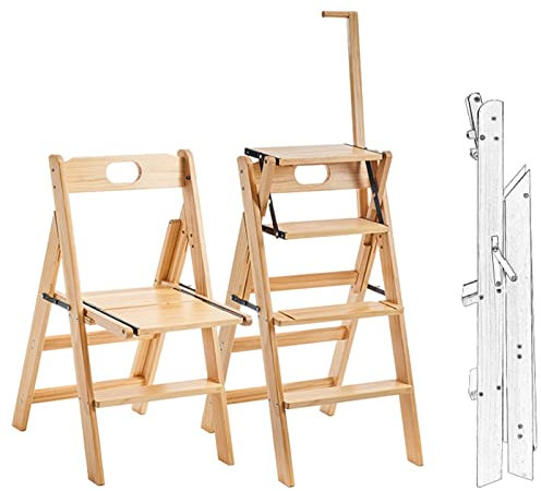 Leiterstuhl, Klappbarer Bibliotheksleiterstuhl aus Holz, 4-stufiger Klapptritt, Klappbare Holzleiter, 2-in-1, tragbar, für den Innen- und Außenbereich, Ausstellungsständer (Farbe: C, Größe: 82 x 43