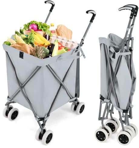 GYMAX Carro de la Compra Plegable, Carga de 50 kg/90 L, Carro Compra 4 Ruedas con Asa en Forma de L, Tejido Oxford Impermeable y Cubierta, para Compras, Camping (Gris)