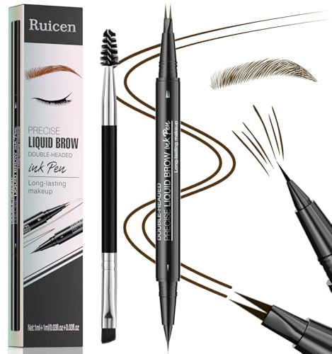 Eyebrow Pen - Eyebrow Pencil, Ruicen Micro Eyebrow Pencil 2-in-1 Dual-Ended Eyebrow Pen with Micro-Fork-Tip and Precise Brush-Tip Create Natural Hair-Like Brows, Last All-Day, Dark Brown