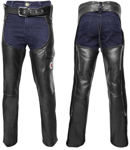 PPE FIT Motorrad-Lederchaps für Damen und Herren, schwarze Reitchaps für Straßenausschlagschutz und Allwetter-Komfort, Schwarz, 4X-Large