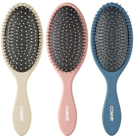Conair Detangling Hair Brush Set, 3-Pack Detangler Brushes for Wet or Dry Hair, Gentle Detangler for All Hair Types, Bristle Hair Brushes for Women, Beige, Navy, and Coral