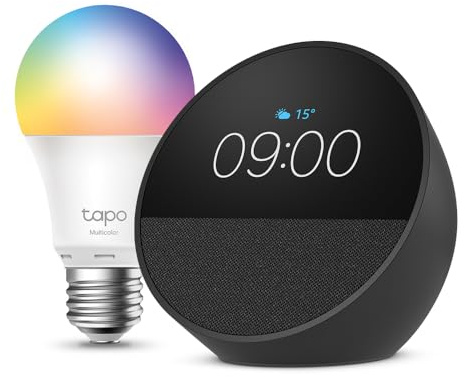 Echo Spot | Noir + Tapo L530EA ampoule connectée LED (E27), Fonctionne avec Alexa - Kit de démarrage Maison connectée