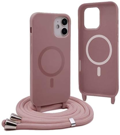 Magnetica Cover per iPhone 12 Mini con Cordino,Compatibile con MagSafe,Silicone Case con Regolabile Cordino da Collo Nylon Catena Collana Tracolla - Rosa Gold