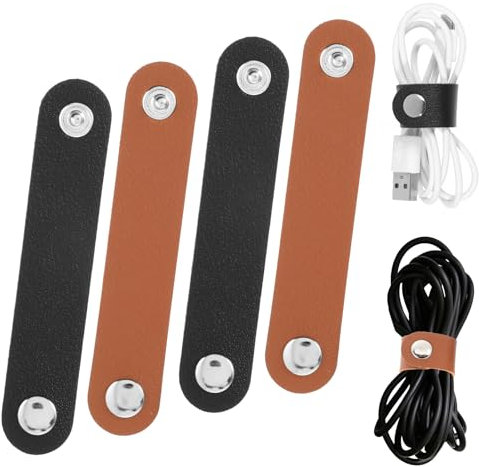 4 PCS Leather Cord Organiser, Reusable Cable Wire Organiser Clips, Brown Black PU Leather Cable Straps, Multi Color Cord Organizer for Headphone Wire Organizer