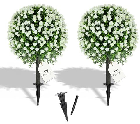 Künstliche weiße Rosen-Formschnitte, 69,1 cm, 2er-Set mit Spieß, künstliche Pflanzen, Buchsbaum-Kugel, grüne Sträucher, UV-beständig, zum Einstecken von Blumen, künstliche Sträucher für den