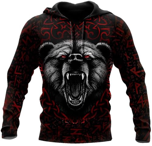 Wikinger Herren Hoodie Mit Reißverschluss Nordische Mythologie Tattoo Lässiges Langärmeliges Sweatshirt Pullover Vintage Street Jacke Geschenke Für Männer(Viking Wolf hoodie,XL)