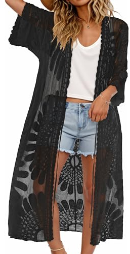 Womens Swimsuit Coverup Lace Bathing Suit Cover Up Beach Kimonos (Black) | CHICGAL long swimsuit coverup, lace kimono cardigans, tie front boho cover ups for swimwear 2026, beach bikini bathing suit