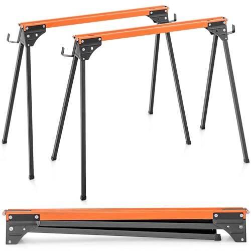 Caballos de sierra plegables resistentes, paquete doble, patas de apertura rápida y 2 x 4 brazos de apoyo para soporte de banco de trabajo, par de soportes de caballete portátiles