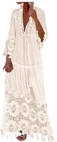 LOSSLO Damen Sommerkleid Lang Maxikleid Boho Volantkleider Sommer Kleider V Ausschnitte Freizeitkleid Halben Cut Out Strandkleid Weiß A Linien Volant-Kleid mit Kordelzug Bequem Maxi Kleid
