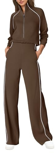 SENSERISE Womens Jumpsuits Casual Long Sleeve One Piece Jumpsuit Wide Leg Mock Neck Airport Travel Outfits with Pockets(Brown,S)