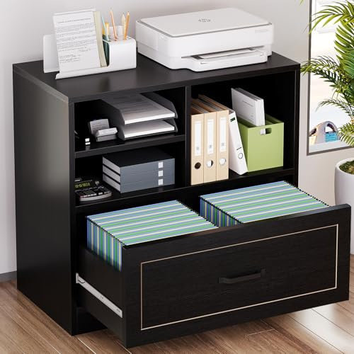 LVB Lateral Filing Cabinet with Drawer, Black Wood File Cabinet Printer Stand with Storage Shelves for Home Office, Modern Printer Cabinets Fits A4 Letter Legal Size with Hanging Folder, 83 CM