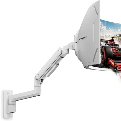 monTEK Gas Spring Monitor Wall Mount for 17-49 Screens, Max 20kg | Fully adjustable monitor arm, tilt/swivel/rotate, VESA 75/100, fits curved & flat ultra-wide screens, heavy-duty steel, White