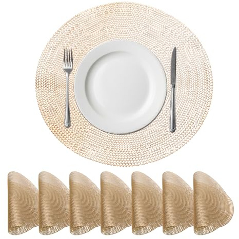 QUARKZMAN 8 Set Di 8 Sottopiatti Rotondi Dorati Dorati 15 x 15/38 x 38cm | In Polivinile Metallizzato, Per Tavoli Da Pranzo, Lavabili, Per Decorazione Tavolo