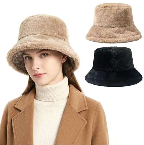 EDLMKM JSTHHTT 2PCS Winter Warm Furry Bucket Hat, Women Fluffy Fisherman Hat, Women's Fur Bucket Hat, Winter Warmer Plush Fisherman Cap, or Women Girls and Couples Black