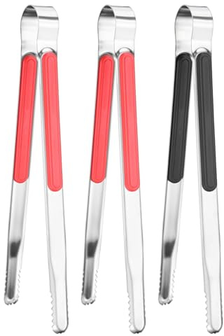 M METERXITY 3-Pack Grill Tongs, 10 Inch Non-Slip 410 Stainless Steel Locking Tongs for Cooking/Buffet/Outdoor Barbecue, Korean BBQ Tweezers Metal Clamp Tool [Reds, Black]