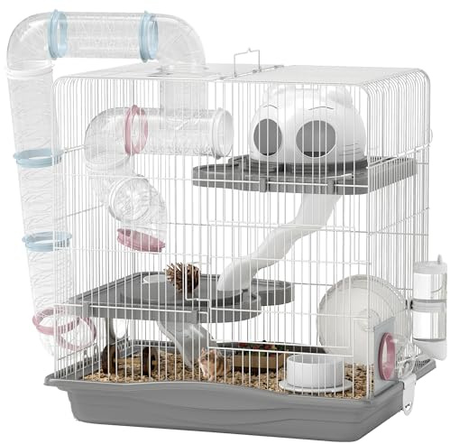 PawHut Gabbia per Criceti a 3 Livelli e 14 Tubi con Casetta, Rampa, Ciotole, Serbatoio per l'Acqua e Vassoio Antigoccia, Gabbietta per Criceti in Metallo e Plastica, 45x30x45 cm, Grigio