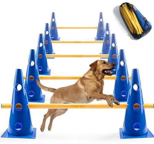 Zinueen Agility Set hundar liten Cavaletti hund, hobby Horse tillbehör, fotboll träningstillbehör, utbildningshjälp – 23 cm höjd, 10 koner, 5 stänger, nätpåse