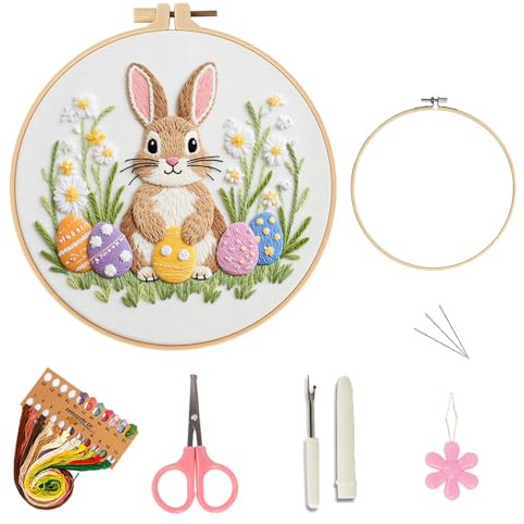 KZARYVEXIS Stickset für Erwachsene Anfänger, DIY Stickerei Kit (Osterhase) | Komplettes Starter Set mit Blumen-Landschaft & Karussell, Bastelgeschenk mit Motiv, Ideal für Anfänger, Kreativ & Entspannend
