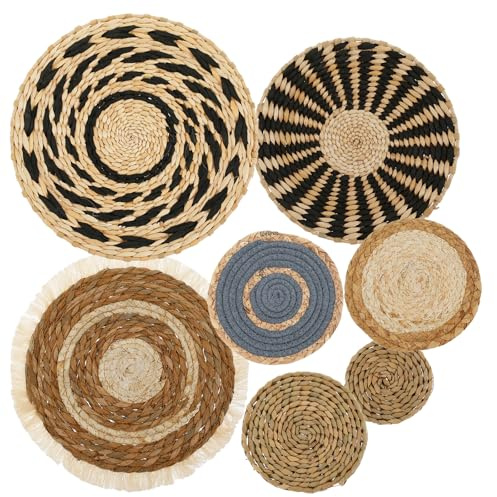 KEGAJEGA 7 Stück Boho Wandkorb Set natürlich Handstricken Boho Wanddeko Rund Rattan 11-30cm Rattan Dekor Set Aufhängbar für Dekorative Wanddekorationen und Snacks Getränke Tabletts