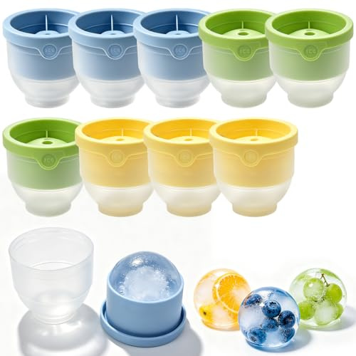 HINATDD Set di 9 Stampo Silicone Ghiaccio Rotondo 6cm, Stampo Grandi Cubetti di Ghiaccio Rotondi impilabile, Antiperdite con Coperchio,Senza BPA per Whisky Cocktail Bevande Fredde (Giallo, Verde, Blu)