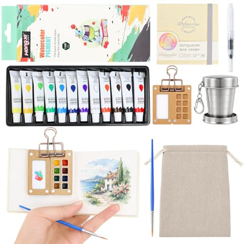 TKNOUS Mini akvarell palettset, 8 delar, mini akvarellfärg set, trärutnät, målarlåda, akvarellböcker, borstar, pärmklämmor, dragsko, presentpåse, konstoljekanna för målare, konstnärer, (A)
