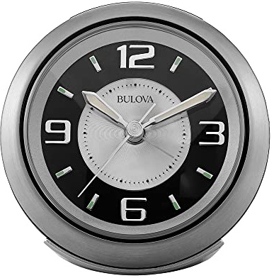 Bulova - 3.75 W x 3.75 H B5027 Lite Night Alarm Clock | Brushed Silver-Tone Case | Illuminated Dial | Luminous Hands | Quiet Sweep | Snooze Function