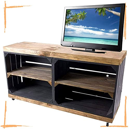 Moooble TV-Schrank aus Regalkisten schwarz und „Used“ auf Rollen 100cm x30cm x50cm Fernsehtisch Black braun klassisch Weinkisten Tisch Schrank Vintage Obstkiste Fernsehregal Mehrzweck Wohnzimmer