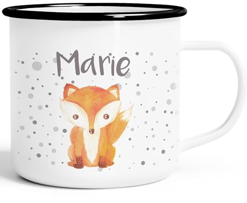 SpecialMe® Emaille-Tasse mit Namen Fuchs Motiv Emaille-Becher personalisierte Geschenke Frauen Mädchen Namensaufdruck Weiss-schwarz Emailletasse