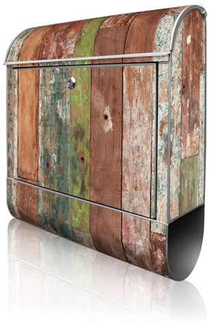 banjado Design Briefkasten personalisiert 38,5x46,5x13cm & 2 Schlüssel - Briefkasten Stahl Weiß Zeitungsfach pulverbeschichtet - Postkasten A4 Einwurf inkl. Montagematerial - Motiv Buntes Holz