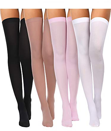 Boao 4 Pcs Thigh High Stockings, Classic, Black, White, Skin, Pink, F Size