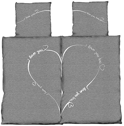 one-home 4 teilig Partner Bettwäsche 135x200 cm Love grau Silber meliert Wende Mikrofaser