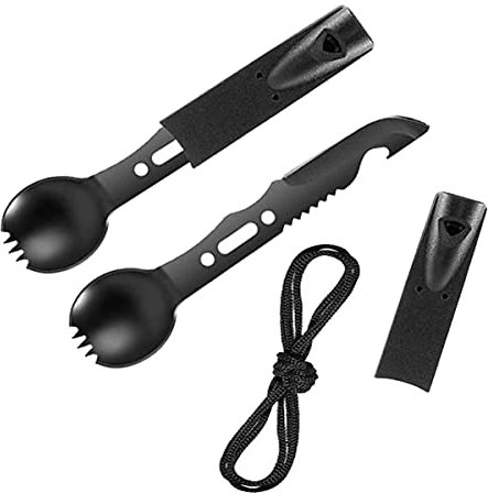 Camping Besteck Set 7in1 Survival Essbesteck aus Göffel, Säge, Pfeife, Messer