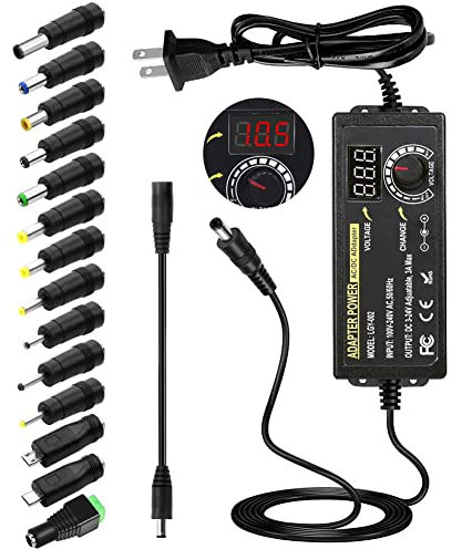 72W Power Supply Adjustable DC 3V ~ 24V Variable Universal Switching AC/DC Adapter 100V-240V AC to DC Converter with LED Voltage Display and 14 Tips, for 3V to 24V Household Electronics - 3000mA Max