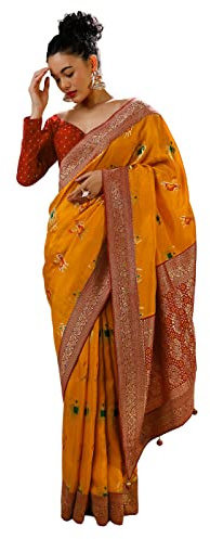 Sari Banarasi Art - Sari tejido de seda para mujer, regalo de boda étnico indio con blusa sin costuras, Mustard 1, Talla Unica
