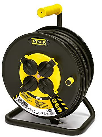 Enrollacable eléctrico profesional, 4 tomas y toma Schuko, H07RN-F3G2.5MM2, 25M, GS (TUV)- IP44.