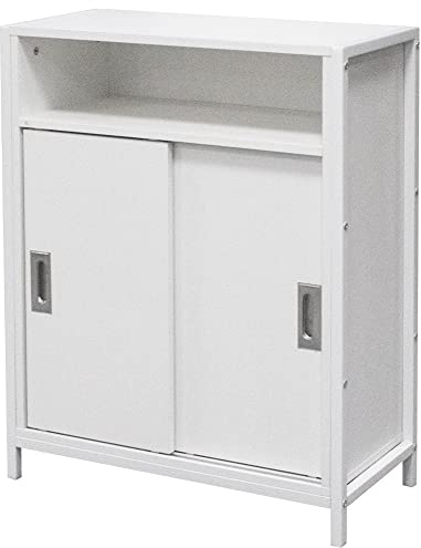 BAKAJI Mobile Mobiletto Basso Libreria Design Moderno Industriale Struttura in Acciaio e Legno MDF con 2 Ante a Chiusura Scorrevole Ripiano a Vista e 2 Ripiani Interni 64 x 30 x 81 cm (White)
