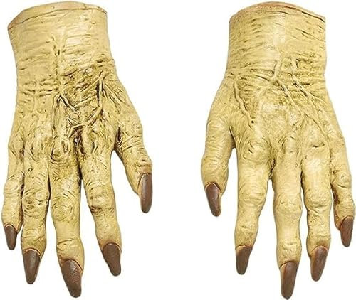 Gants de sorcière Therion d'Halloween – Mains de zombie, cosplay de fête maléfique, crâne gothique, vert horreur, doigt de sorcière diable, griffes de loup, monstre, jaune, L