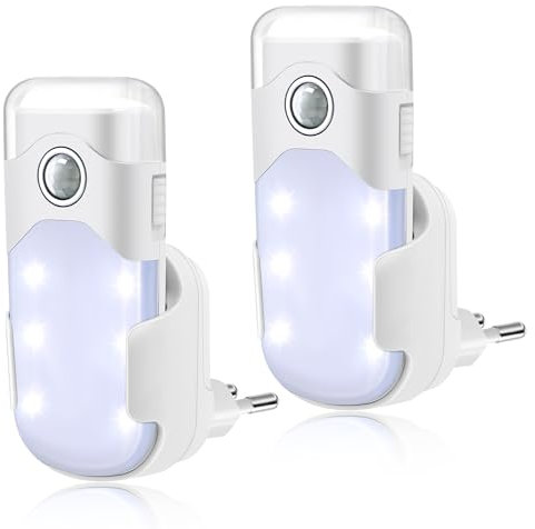 Hiboom 2 Luci Notturne LED con Batteria Multifunzione Luce Notturna con Rilevatore di Movimento Sensore Crepuscolare Spia di Interruzione Torcia di Emergenza Estraibile con Presa EU per Scale