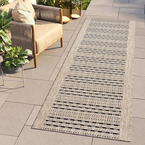 TAPISO Melissa Teppich Läufer Flur Outdoor Indoor Braun Schwarz Modern Muster Wetterfest UV-beständig Wohnzimmer Balkon Terrasse ÖKO-TEX 80 x 200 cm