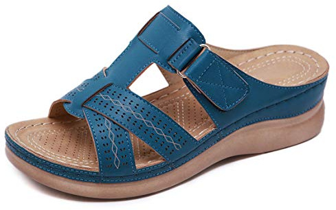 CELANDA Mules en Cuir pour Femme Sandales Mode Bout Ouvert Compensées Plateforme Pantoufles Premium Orthopédiques Sandales Vintage Chaussons de Plage d'été Bleu,Taille:38 EU