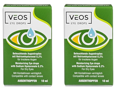 VEOS PHARMA - Augentropfen mit Natriumhyaluronat 0,2% - Feuchtigkeitstropfen Augentropfen Gegen Rote Augen - Konservierungsstoffe, 10 ml (2er Pack)