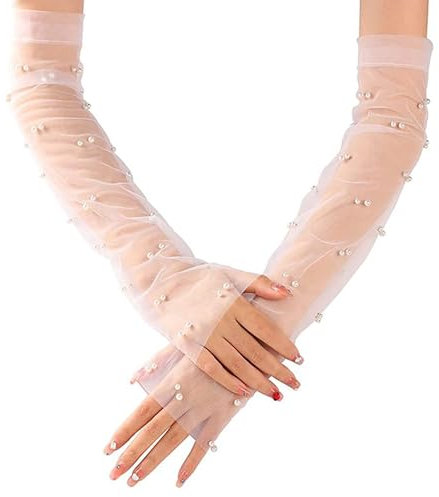 YAEISM Perlen-Hochzeitshandschuhe, weiß, Brauthandschuhe, durchscheinende Seiden-Tüll-Handschuhe, lange abnehmbare Ärmel für Hochzeitskleider, dünne fingerlose Handschuhe für Damen, Weiss/opulenter