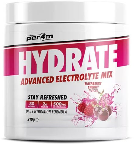 Per4m Hydrate Electrolyte Mix Powder | 500mg Cocomineral to Replenish Essential Electrolytes | Aiding Muscle Function, Cardiovascular Health, Neurological Support (Raspberry Cherry)