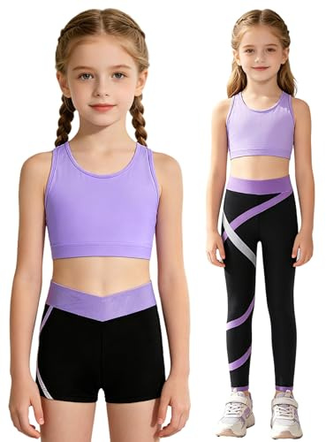 Fldy barn träningsoverall flickor sport bh och leggings set med shorts stretch sportkläder yoga fitness set löpning dans outfit, Lavendel_A, 122-128