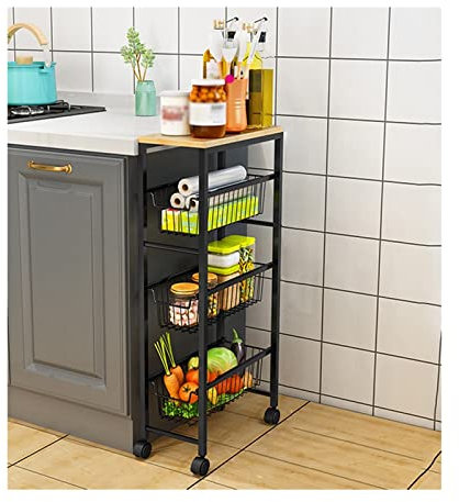 Servierwagen Küchenwagen auf Rädern, Rollwagen aus Metallgeflecht mit Holzabdeckung, Multifunktions-Drahtkorb-Regalwagen for Zuhause, Badezimmer, Wohnzimmer Rollwagen (Color : 4 Layer, Size : M)