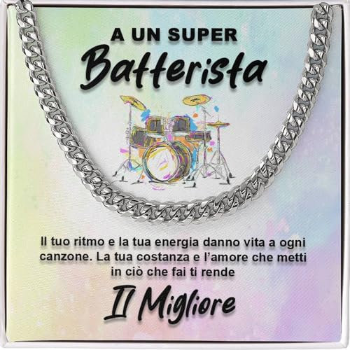 Collana Cubana Uomo Batterista idea regalo compleanno - Idee Regali per lui Natale Festa del papà - Set Completo di Accessori per Batteristi - Cofanetto con DEDICA incluso (Batterista - Argento)