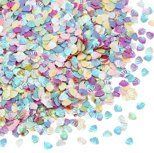 SUNNYCLUE 6000Pcs Party Glitter Confetti Bulk Table Confetti Plastic Colorful Shell Shapes Iridescent Metallic Glitters Foil Sequin Scatter for Halloween Birthday Wedding Decoration DIY Accessories
