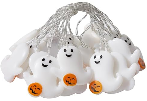 Ghirlanda di lanterne fantasma, luci a forma di zucca fantasma, 2 m, alimentata a batteria, con 10 lampadine, luci ambientali multifunzionali, luce notturna decorativa colorata per e cortile